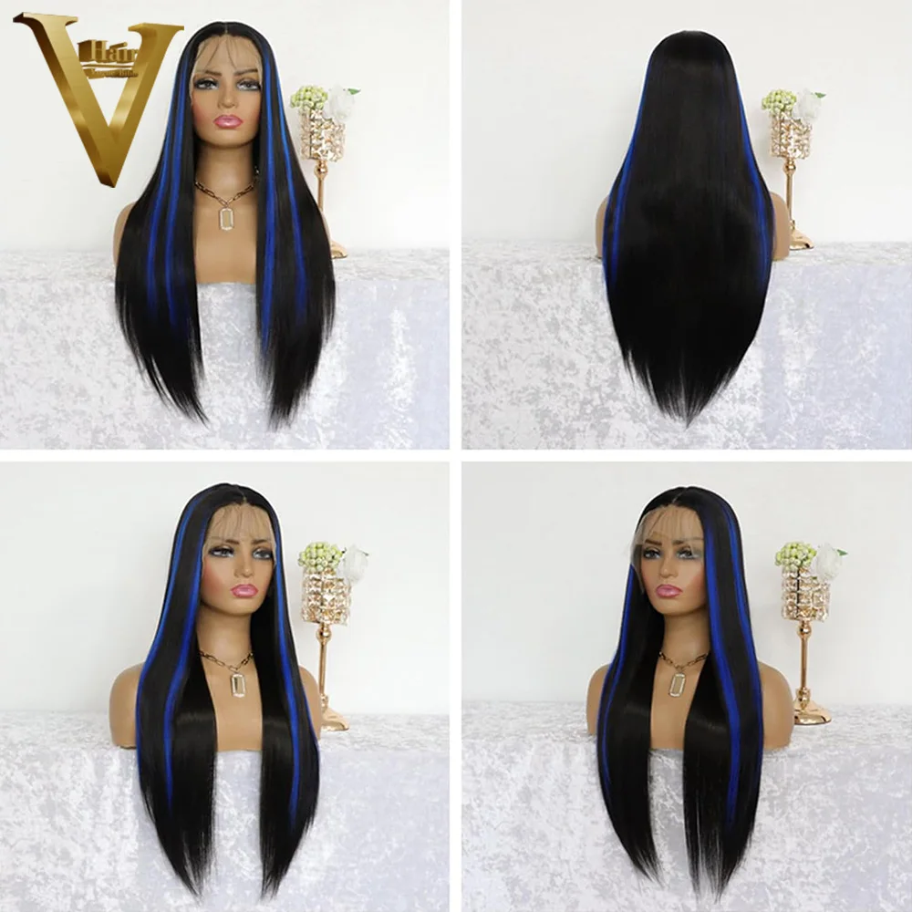 Preplucked Black With Blue Highlight HD Transparent Lace Frontal Wig 13×4 13×6 Brazilian Virgin Remy Human Hair Wigs For Women