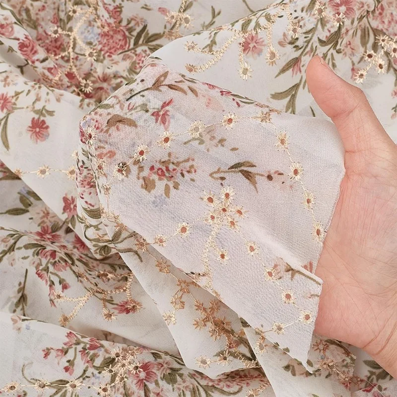 2 Yards/1.8m Embroidered Eyelets Chiffon Fabric 60inch Rice White Flower Embroidery Fabric Floral Printing Trim for Sewing DIY