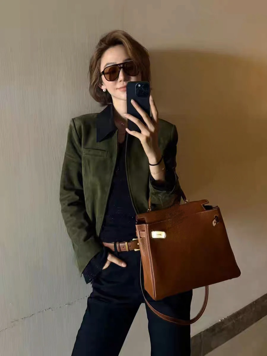 Retro Winter Merk Kid Suede 100% Leren Jas voor Vrouwen Kraag Zak 100% Schapenvacht Slim Fit Jas Revers