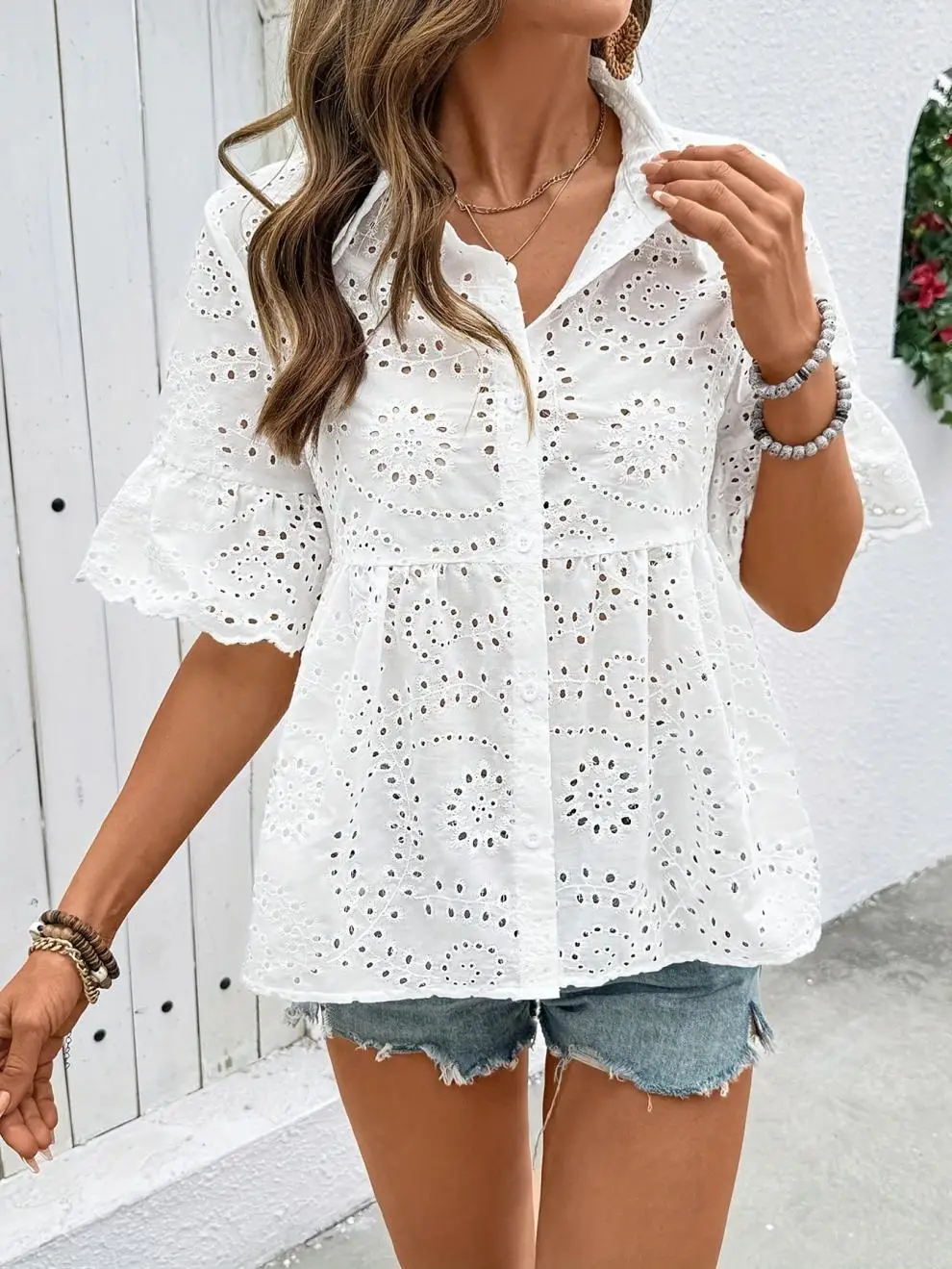 

Solid Color Lace Hook Flower Hollow Shirt Top For Fashion Short Sleeve Button Shirts Tops Lady Casual Holiday Women's Clothing