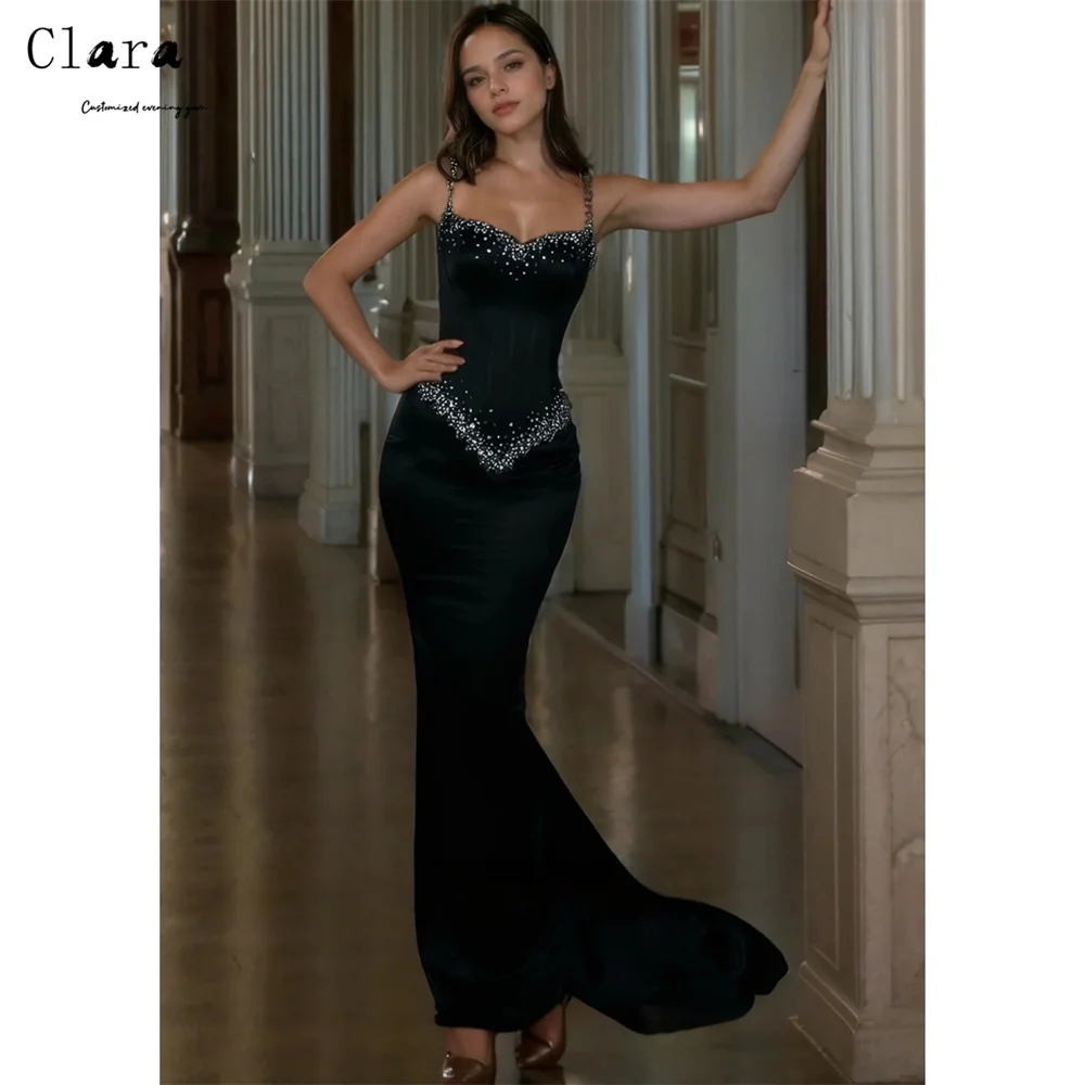 Clara Custom Czarna Błyszcząca Sukienka na Ramiączkach Spaghetti Bez Rękawów Luksusowa Sukienka na Imprezę Elegancka Sukienka na Bal Sukienki na Bal 2025 Elegancka Suknia Damska