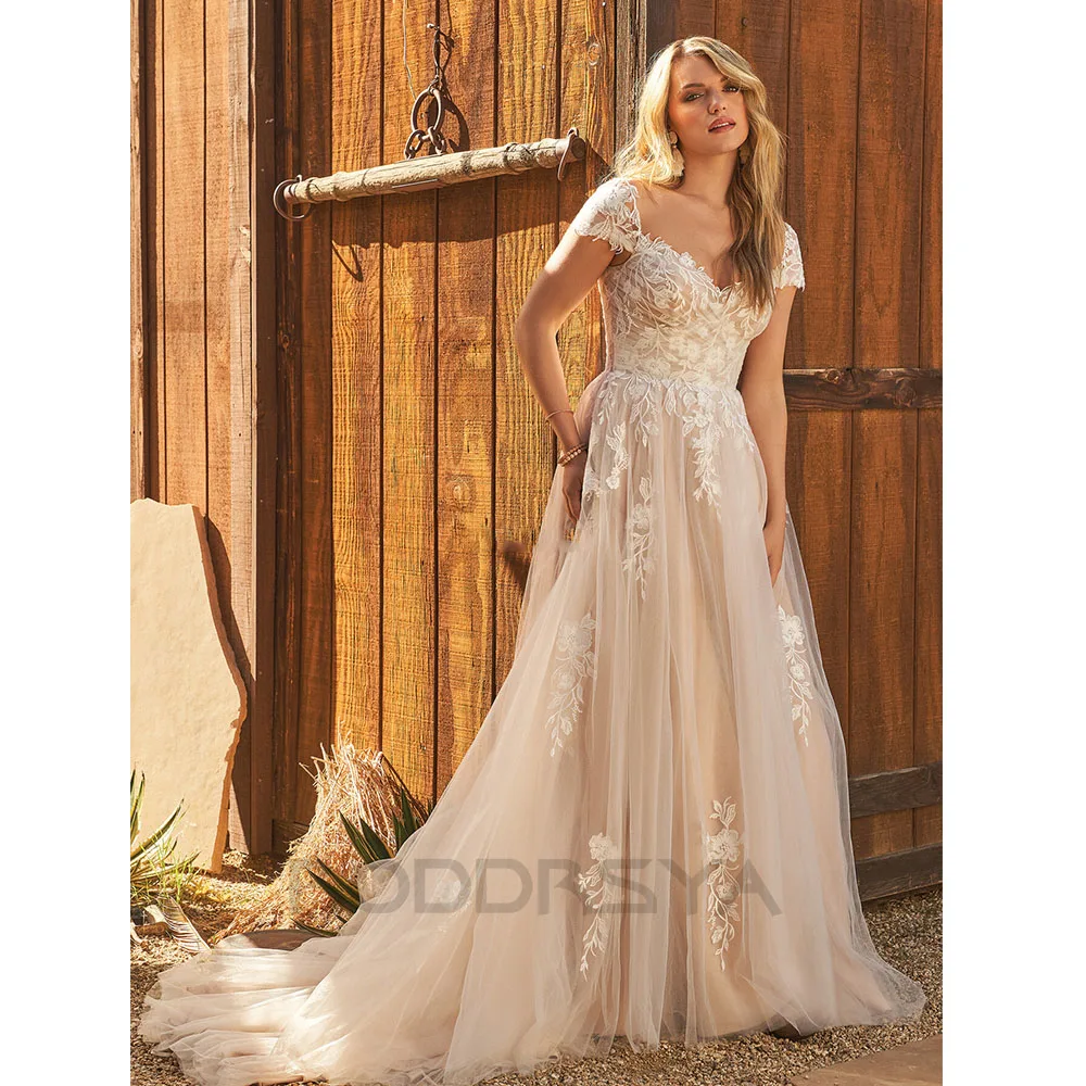 Roddrsya elegante boho vestido de casamento para mulher 2023 querida apliques rendas boné manga plissada sem costas com botão feito sob encomenda