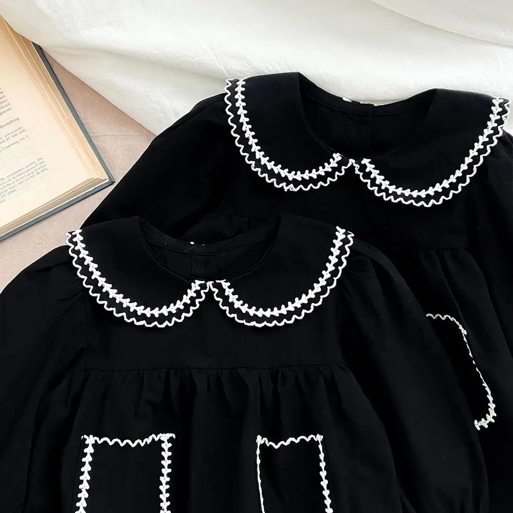 2024 Sister Clothes Spring New Korean Baby Girl\'s Dresses One Piece Clothes Black Baby Newborns Rompers Long-Sleeved Jumpsuits