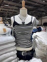 Striped Sexy Slash Neck Slim T Shirt Women Summer Raw Trim Cotton Short Sleeve Tees Femme Harajuku Streetwear Sweet Crop Top Y2k