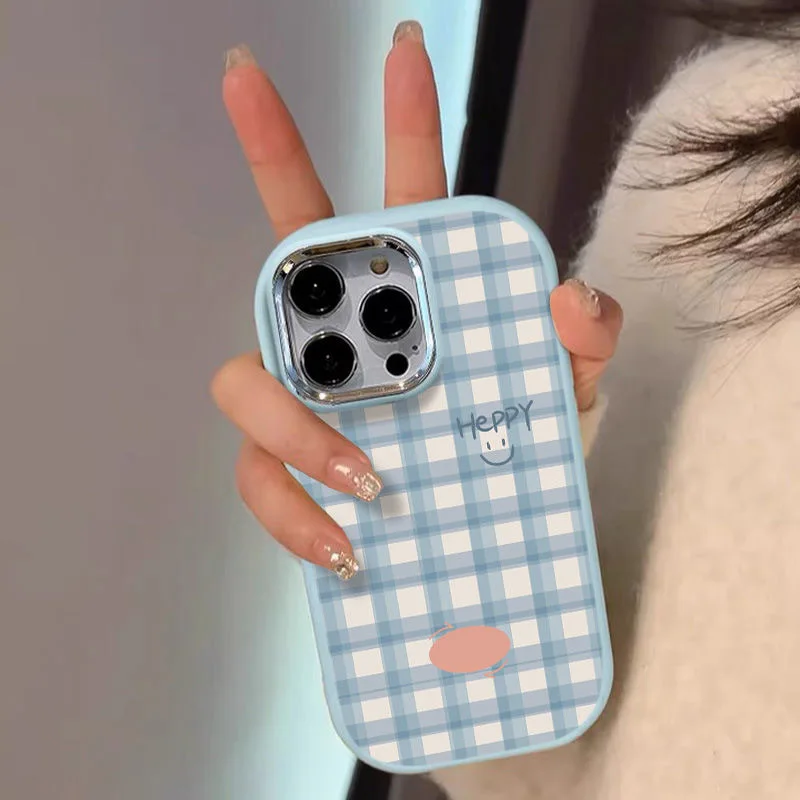 

Blue plaid smiley face phone case is suitable for iPhone 16 15 14 13 12 11 Pro/ Max/Plus anti-fingerprint shock-proof rear cover