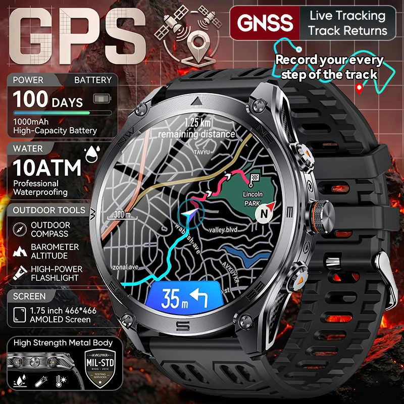 

Dual-band GPS Map Smart Watch 10ATM Waterproof 1000mAh battery GNSS Sport Tracks Compass AMOLDE Zinc Alloy Military Smart Watch