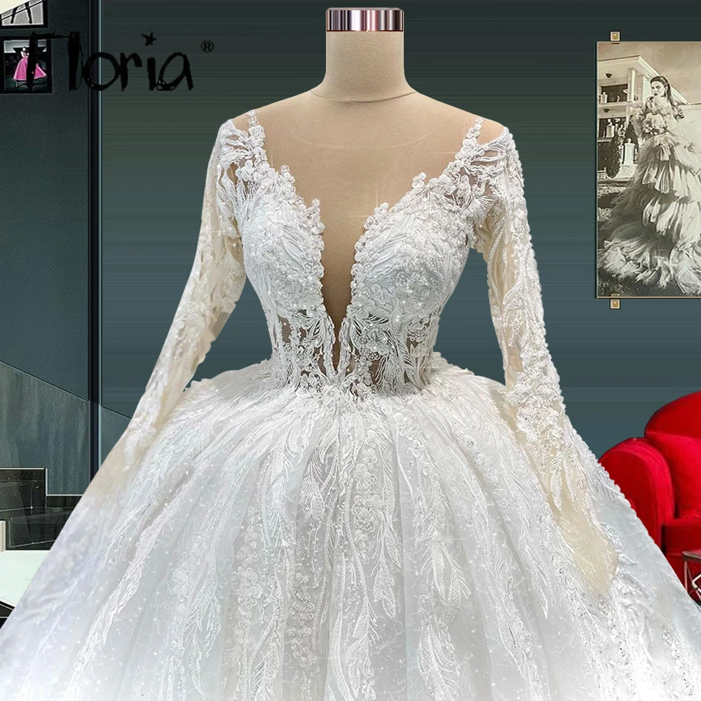 Abiti da sposa a maniche lunghe con scollo a V profondo di lusso per le donne abito da sposa con cristalli di perline stile Dubai abiti da sposa splendidi formali