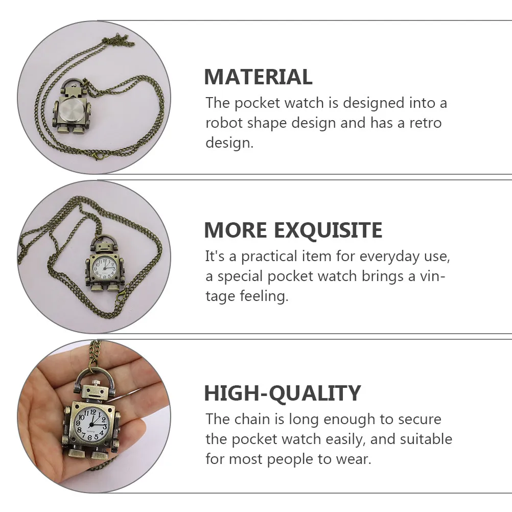 Vintage Robot Pocket Watch Necklace Retro Style Big Round Face Easy to Read Lightweight Chain Necklace Portable Gift