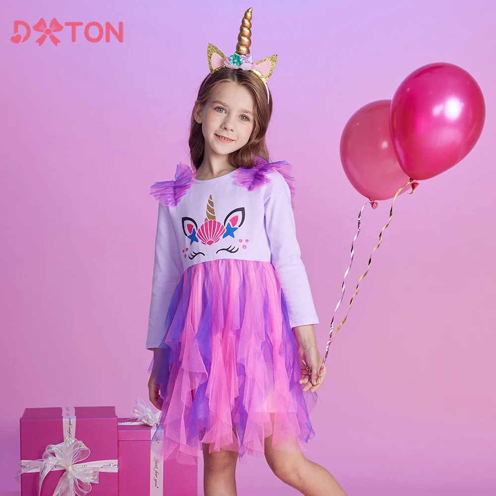 

DXTON Girls Ruffle Princess Dress Cartoon Children's Holiday Party Clothing Gradient Irregular Patchwork Mesh Dress For Girls