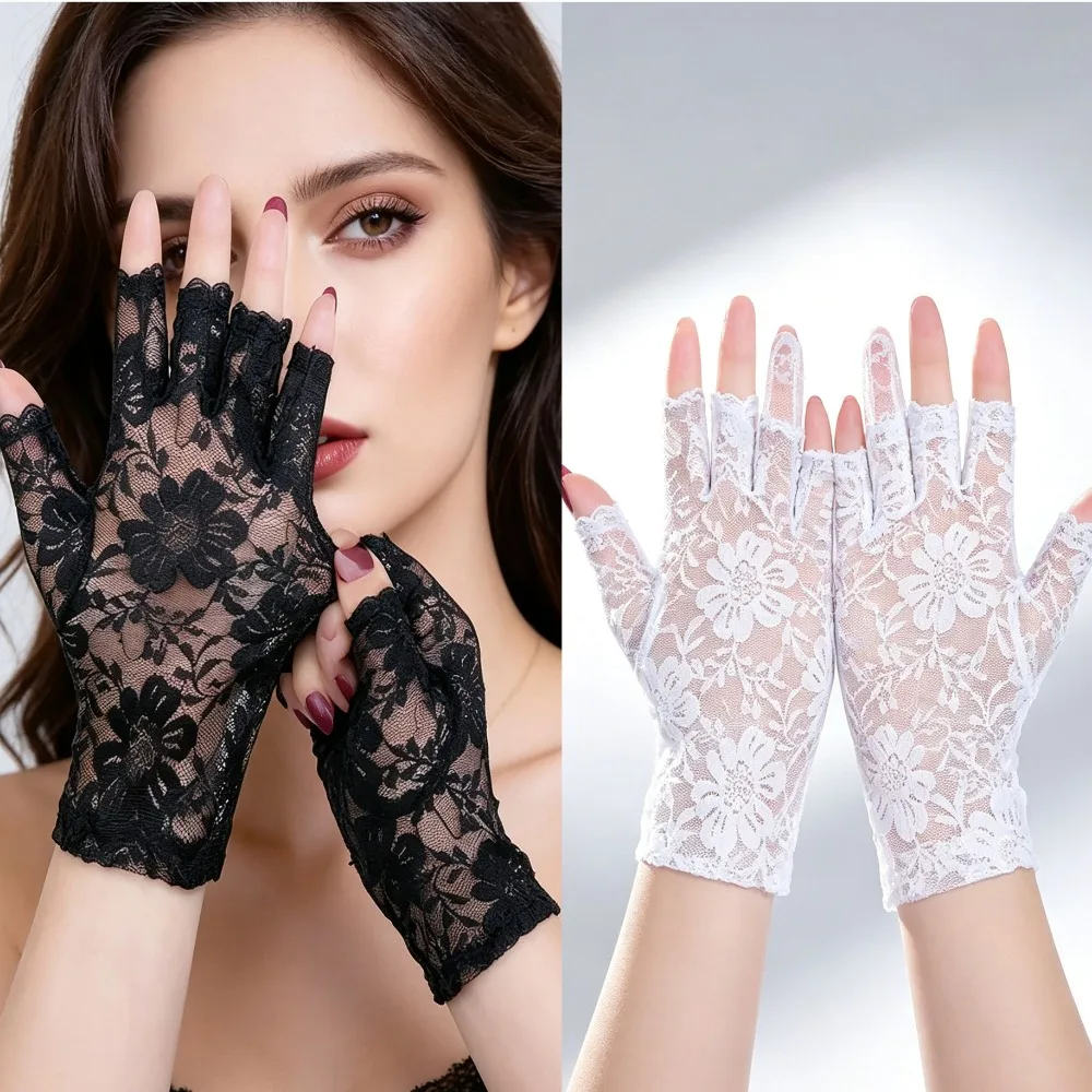 Women Short Lace Fingerless Gloves, Elegant Sun‑Protection Decorative Gloves for Wedding Party Daily Wear