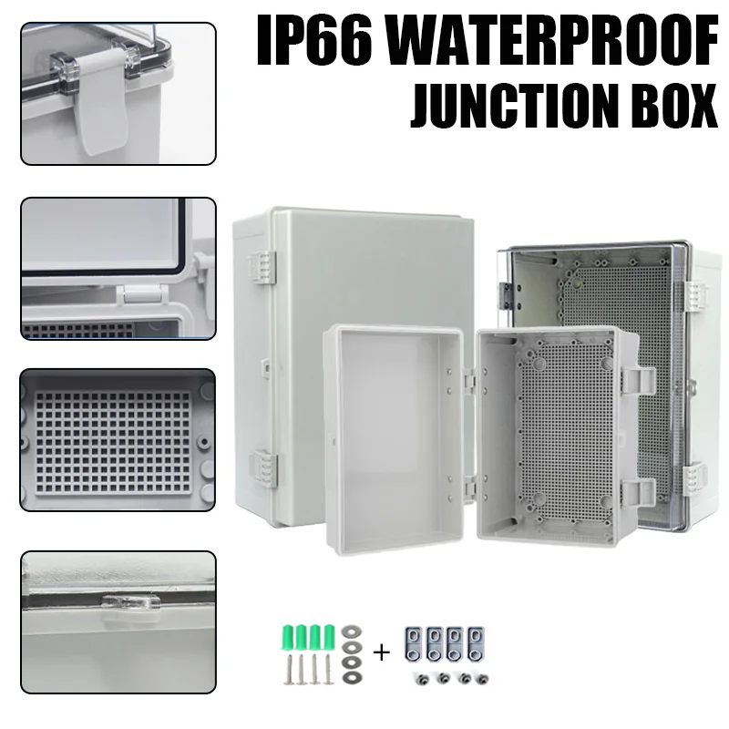 P66 Waterproof ABS PC Plastic Electronic Junction Box with Hinged Buckle Gray/Transparent Cover Case Power Distribution Case