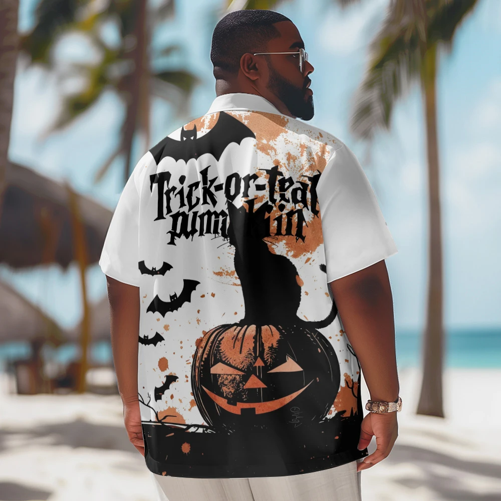 New Hawaiian Shirt Men Goth Men Halloween Black Cat Pumpkin Printed Casual Short Sleeve Tops Vintage Plus Size Summer Shirts