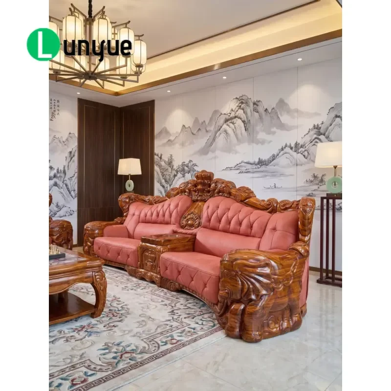 New European Chinese Style Solid Wood Carved Floral Leather Sofa Set with Mortise and Tenon Joint High Density Sponge Filling
