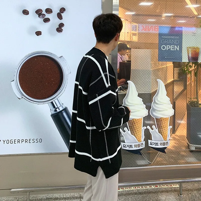 

MRCYC Осенне-зимний мужской трикотажный свитер в клетку с V-образным вырезом, свободный крой, повседневный базовый слой, верхняя одежда из полиэстера и акрила