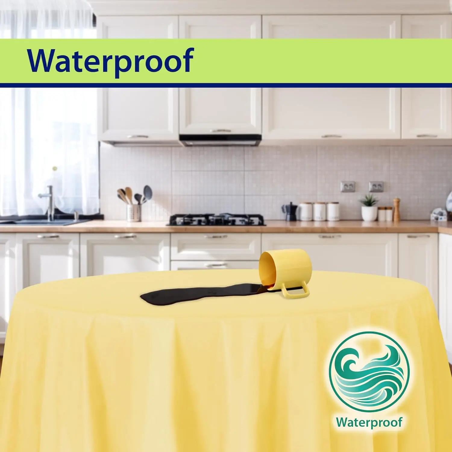 غطاء طاولة بلاستيكي ممتاز ، مفرش طاولة للاستعمال مرة واحدة متوسط الوزن ، مستدير ، أصفر فاتح ، 84" #3