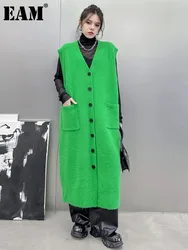 [EAM] Green Pocket Big Size Long Knitting Cardigan Sweater V-Neck Sleeveless Women New Fashion Tide Spring Autumn 2024  1DH7165