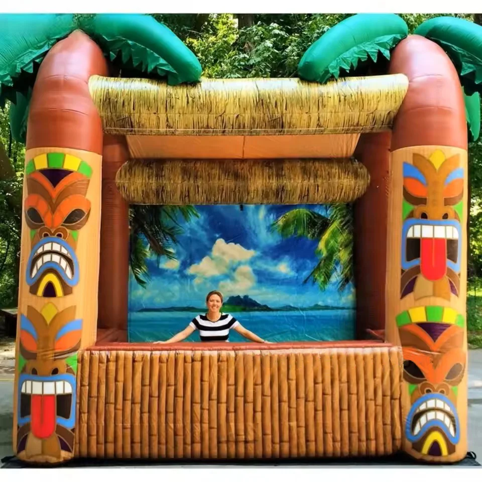 Bar de praia inflável para servir suporte de concessão de alimentos-bar tiki inflável ao ar livre com palmeira para festa no quintal
