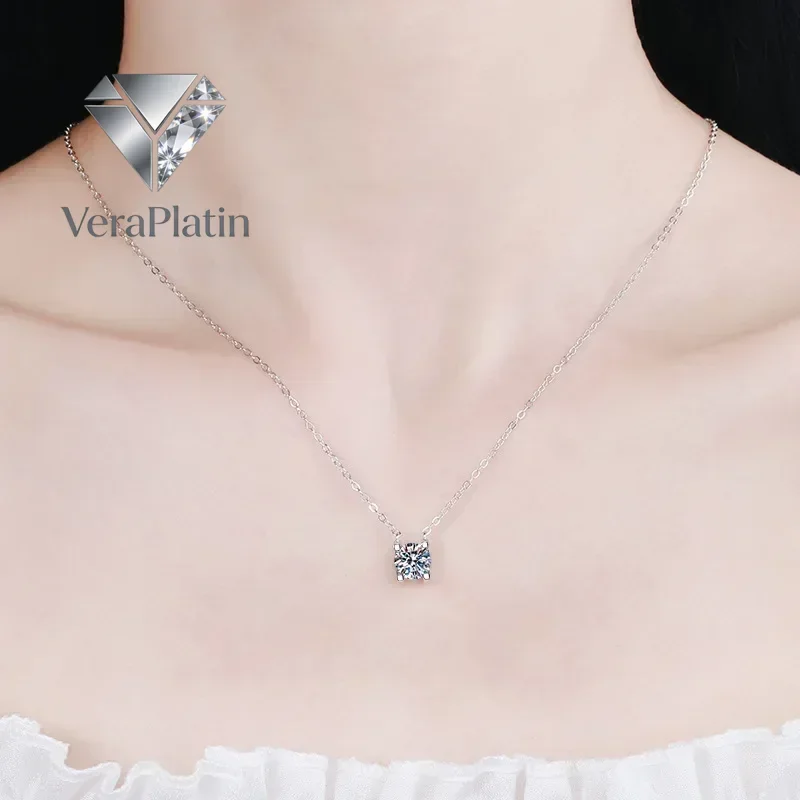

VeraPlatin Women White Gold 18K Wedding Necklaces 0.5/1/2CT Moissanite Diamond Birthday Gift Girl Valentine's Day PT950 Platinum