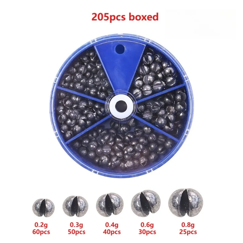 Kit de 205 Plomos de Pesca de 0.2g-0.8g en 5 Tamaños, Plomos de Plomo Divididos para Línea de Pesca, Plomos de Huevo Removibles, Accesorios de Pesca