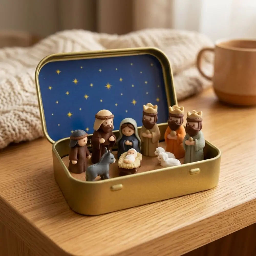 Metal Tin Box Mini Christmas Trough Set Holy Family Hand Painted Nativity Manger Scene Kit 3D Printed Shepherd Animal