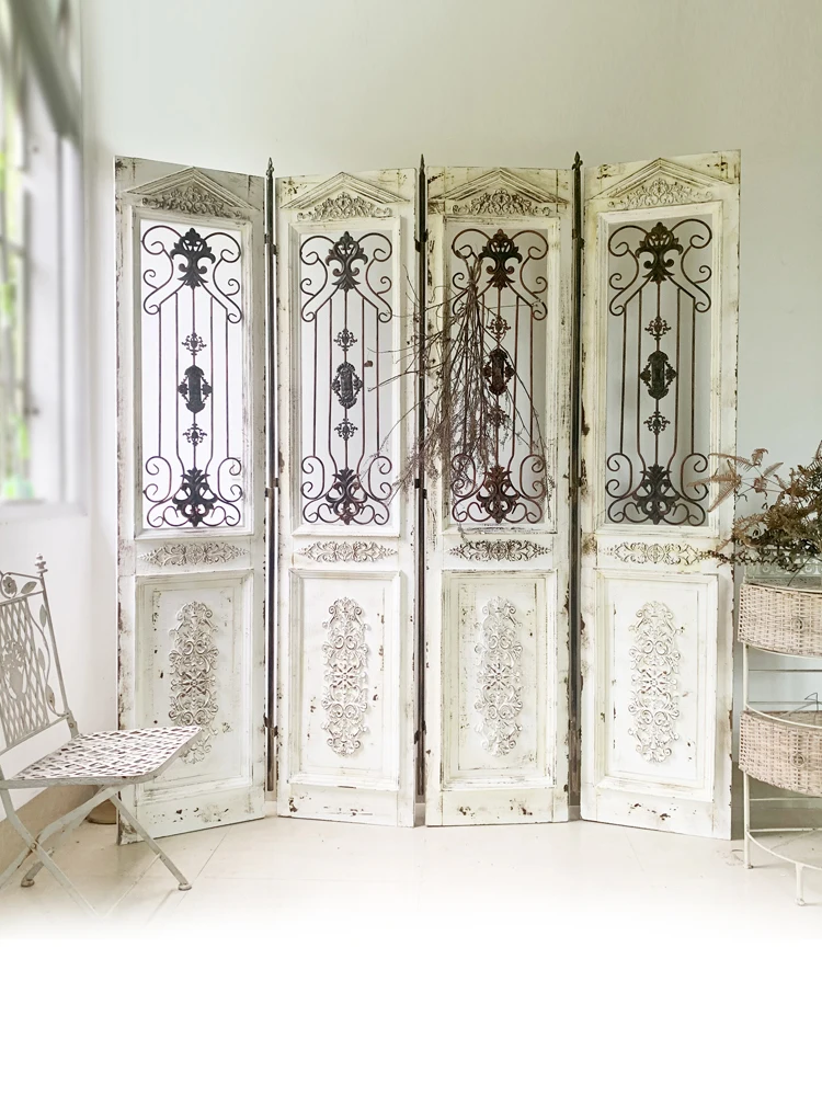 

Custom retro old solid wood wrought iron screen mobile folding screen living room porch decorative partition clothing store