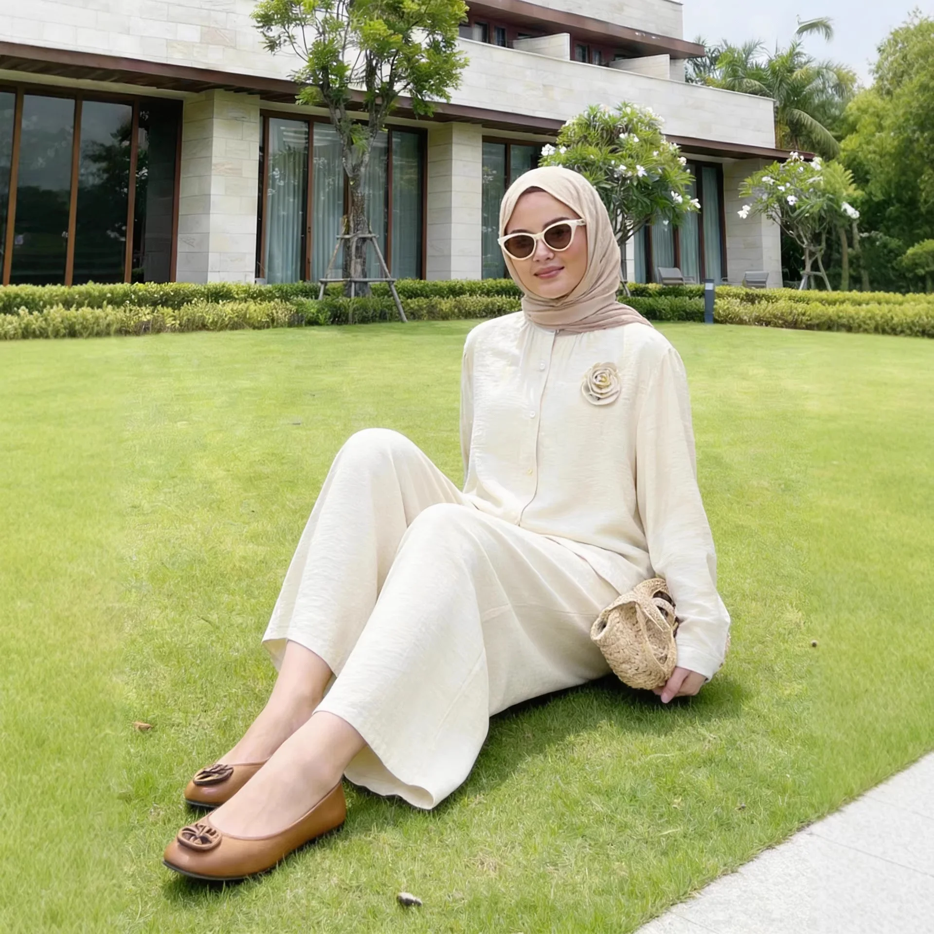 Eid Women Button Shirt Top 2 Piece Set Lace-up Wide Leg Pant Muslim Blouse Jalabiya Ramadan Dubai Musulman Ensembles Arab Long 3
