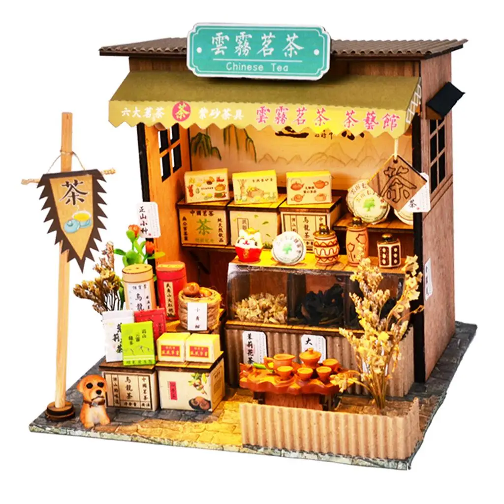 Puppenhaus-Miniatur mit Möbeln, DIY-Holzpuppe, kreatives Tagesgeschenk im Maßstab 1:24 – Teehäuse