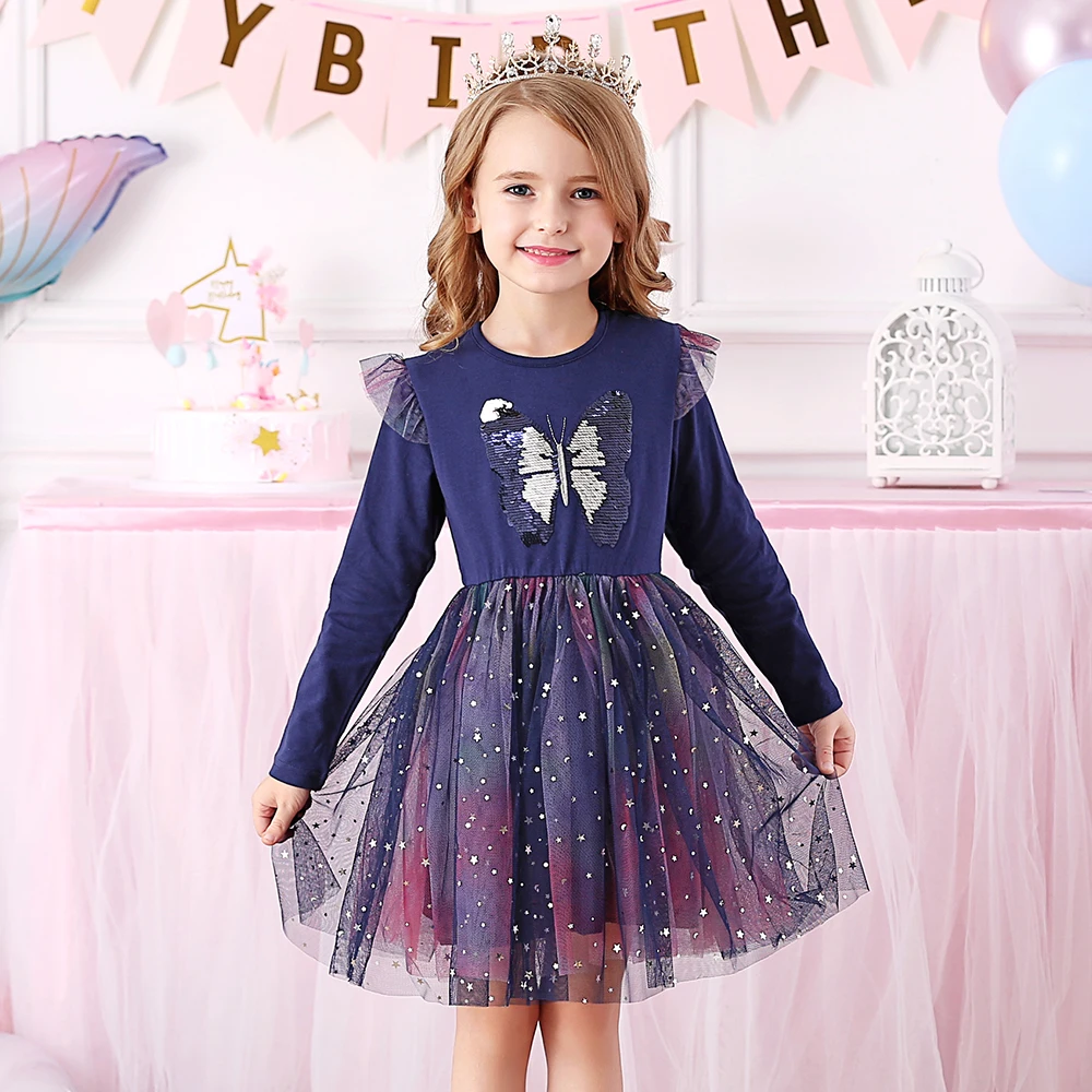 DXTON Children Tutu Dress For Girls Butterfly Sequined Long Sleeve Girls Dress Mesh Princess Winter Party Kids Elegant Dresses