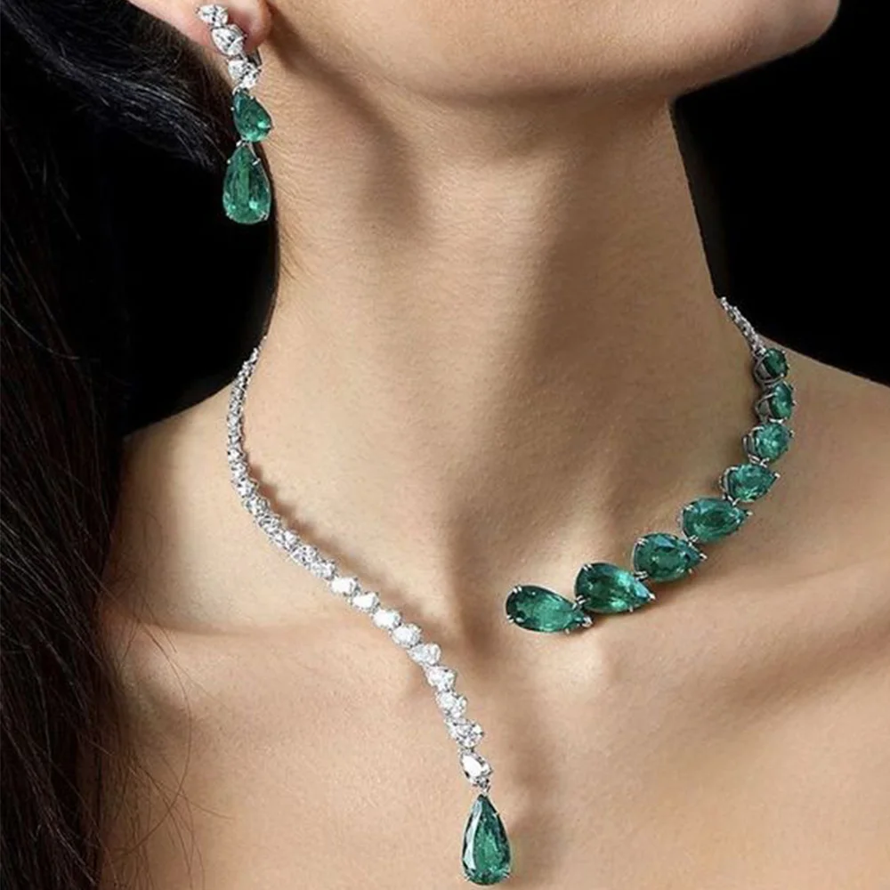 Stonefans Water Drop Necklace Earrings Set for Women Elegant Bride Wedding Green Accessories Jewelry Sets Luxury Indian Style