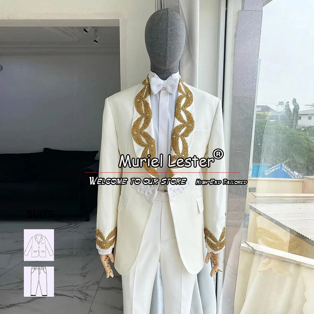 

Handmade Gold Beaded Jacket Men's Suits Formal Groom Wear Wedding Tuxedo Tailor-Made 2 Pieces Blazer Pants Male Fashion Dress