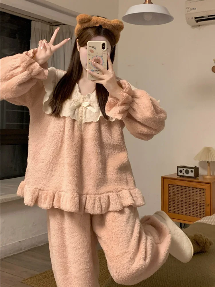 

Soft Thicken Lace Sweet Autumn Winter Long Sleeve Pajama Set Women Coral Velvet Korean Style Kawaii Sleepwear Elegant Casual Ins