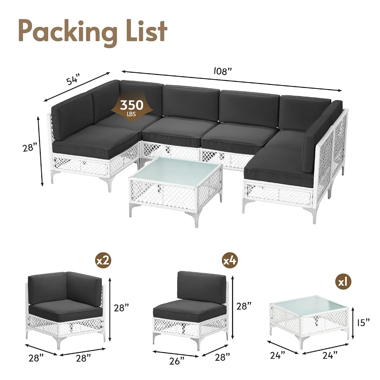 7-Pcs Outdoor Sofa with Thick Cushion, Lightweight Patio Sectional with Effortless Assembly, Space-Saving Outdoor, Customized