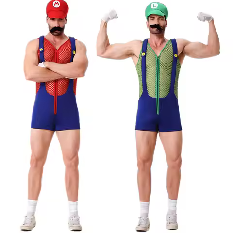 Halloween Mens Anime Super Luigi Plumber Brother Overalls Cosplay Costume Cartoon Game Disguise Funny Hollow Jumpsuit