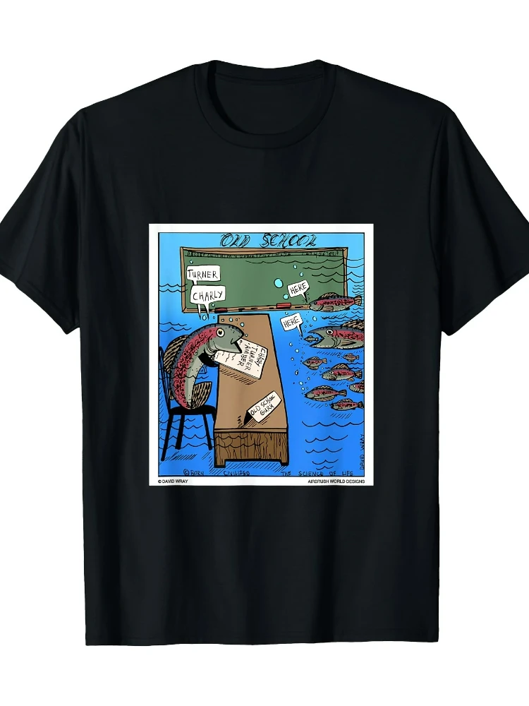 

Funny Roll Call Fish School Cartoon Fisherman Fishing pattern design-100% cotton O-neck short sleeve printed men's T-shirt.