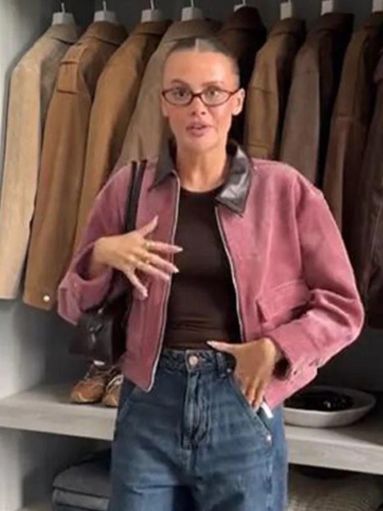 Pink Corduroy Cropped Jacket for Women with Contrast Collar