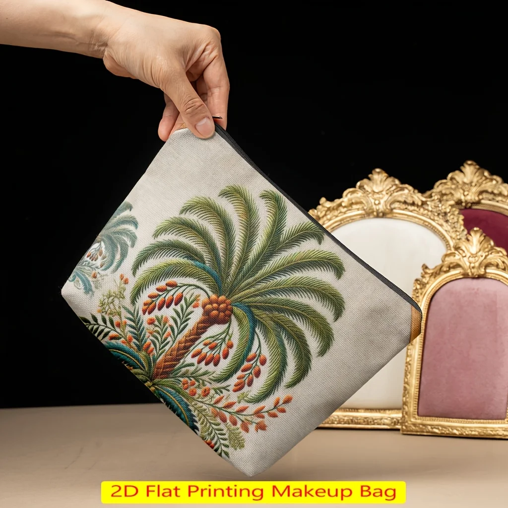 

Palm Tree with Fruits Linen Makeup Bag Large Capacity Toiletry Pouch Portable Storage Bag Travel Cosmetic Bag Holiday Gift