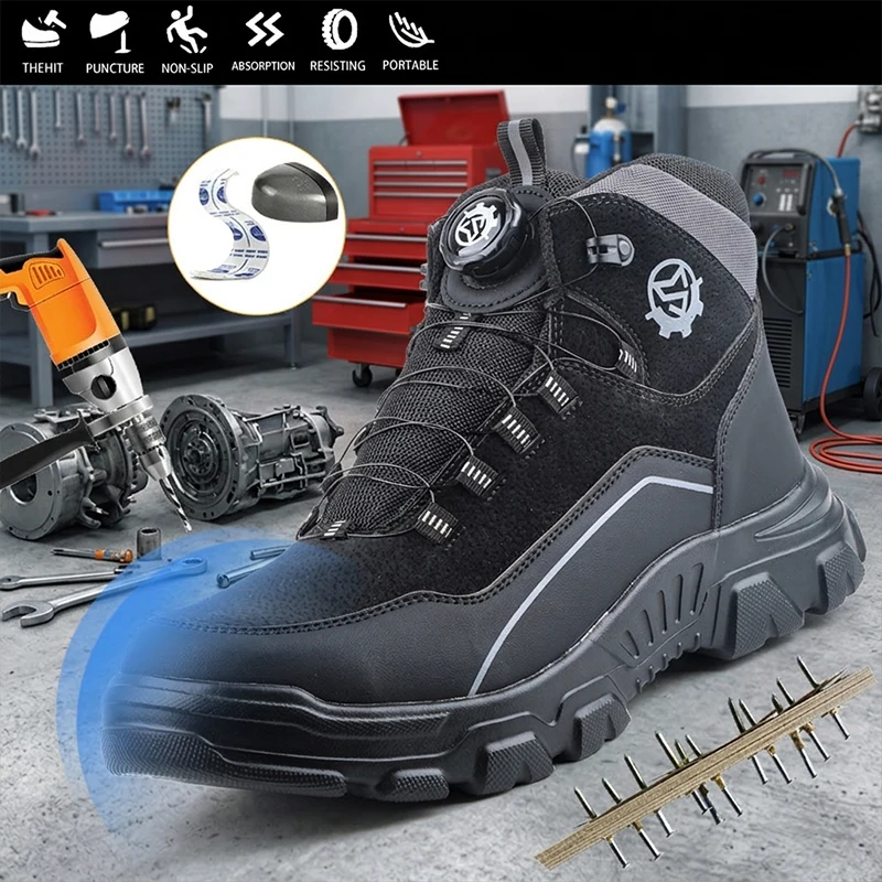 Men Slip On High Top Safety Footwear Elastic Band Anti-smash Anti-puncture Steel Toe Boots For Factory Workshop，Safety shoes