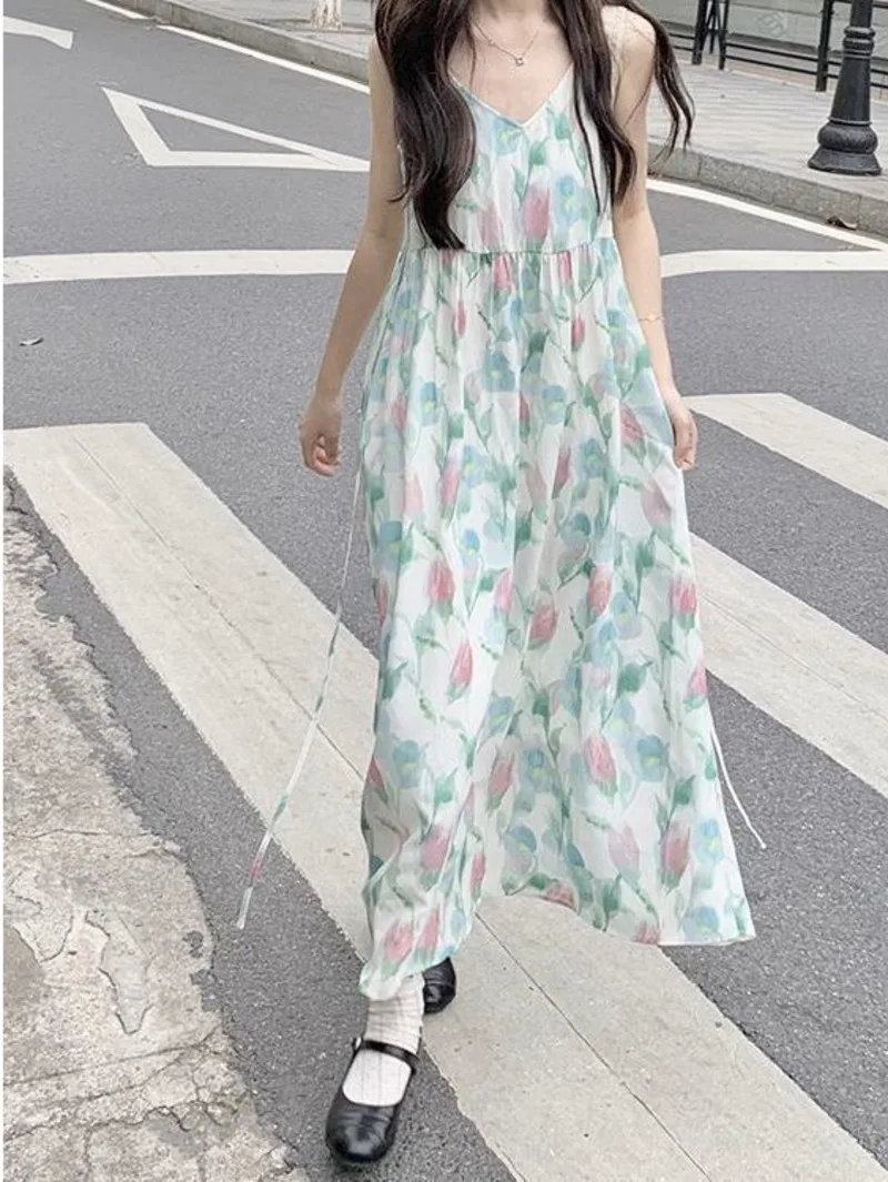 

Summer Tulip Vacation Style Korean Edition Sling Dress 2024 Summer Fashion Women's Versatile Sweet Halo Dyed Flower Dress ENSH