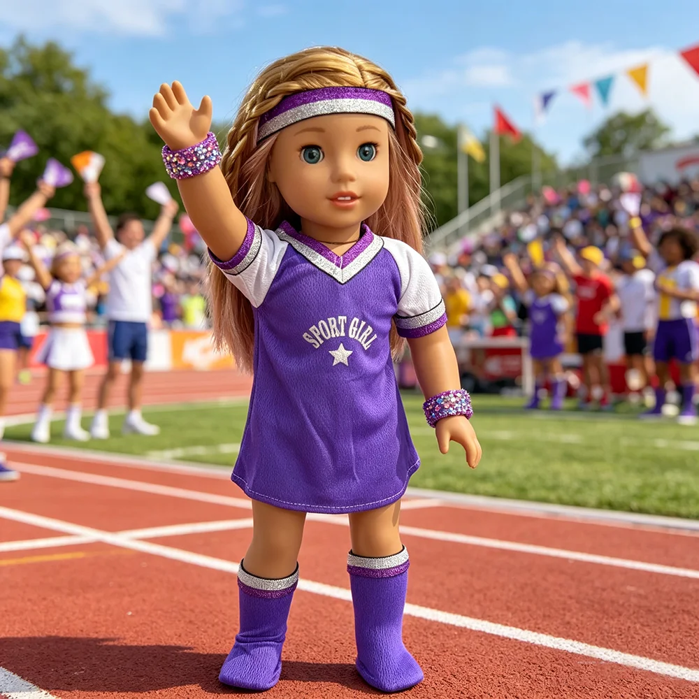 

18 inch doll cheerleading costume three piece set, doll dress, doll headband, doll socks suitable for doll competitions, cheerin