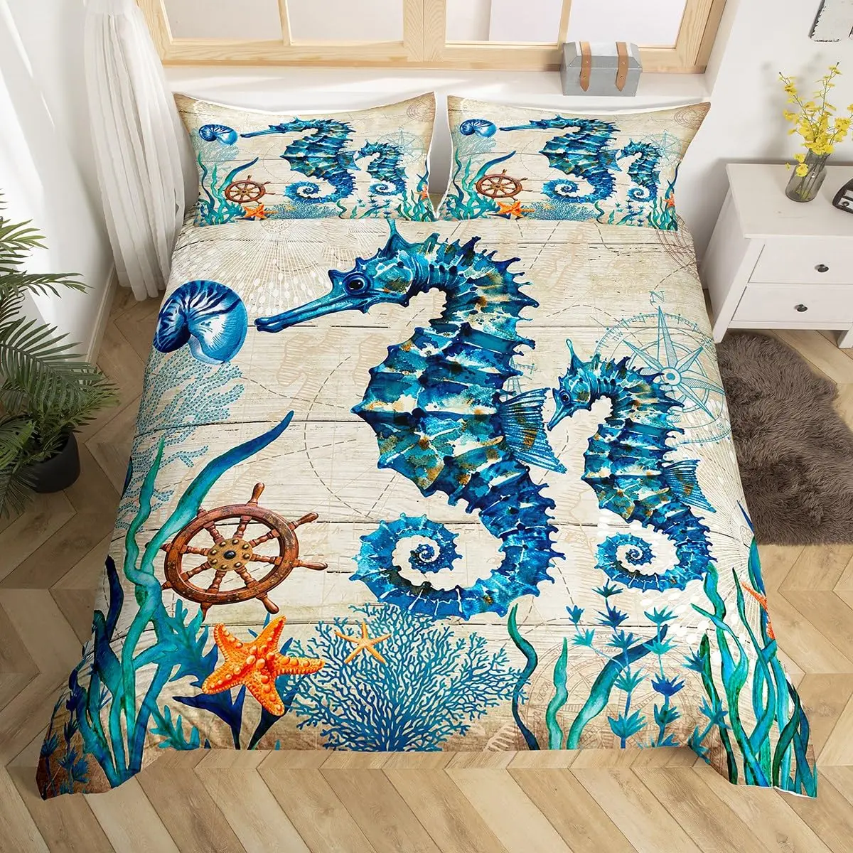 Seahorse Duvet Cover Set King Ocean Animal Bedding Set with Pillowcases Seaweed Starfish Comforter Cover Kid Teen Bedding Sets