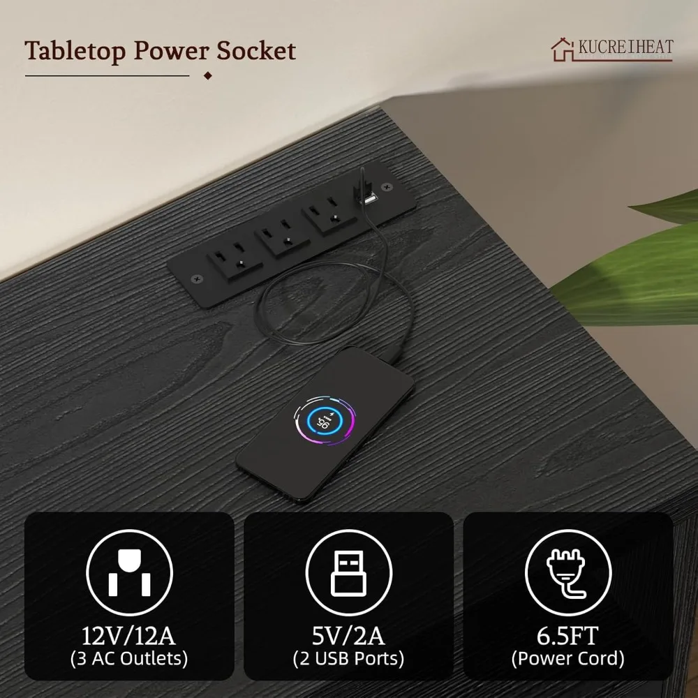 حامل تلفزيون أسود مقاس 70 بوصة مع مدفأة مدمجة ومخرج طاقة - مركز ترفيه لأجهزة التلفاز مقاس 75 بوصة وأكبر، بارتفاع 27 بوصة