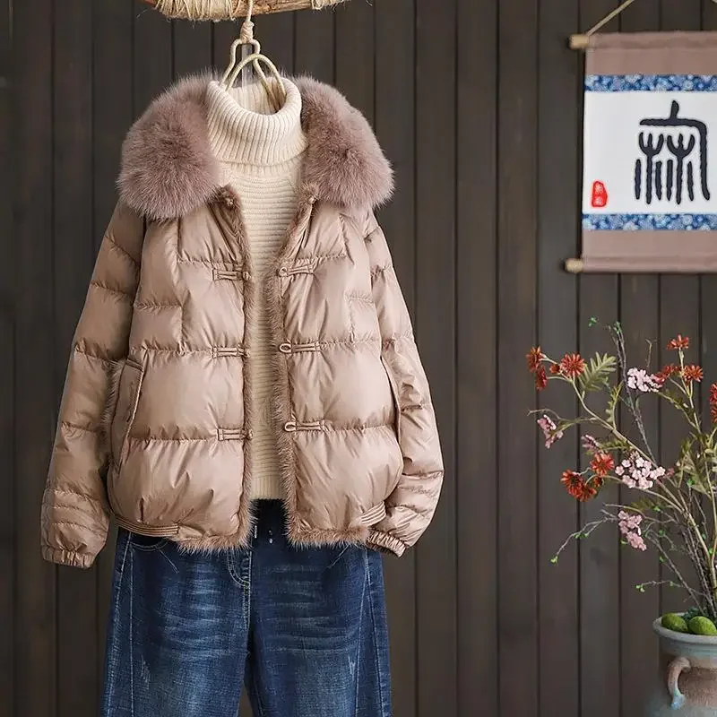 ダウンジャケット 90% ホワイトダックダウン 暖かい ディスクバックル 取り外し可能なフォックスファー襟 新作 秋冬 レディース ショート ミンクヘムヘア