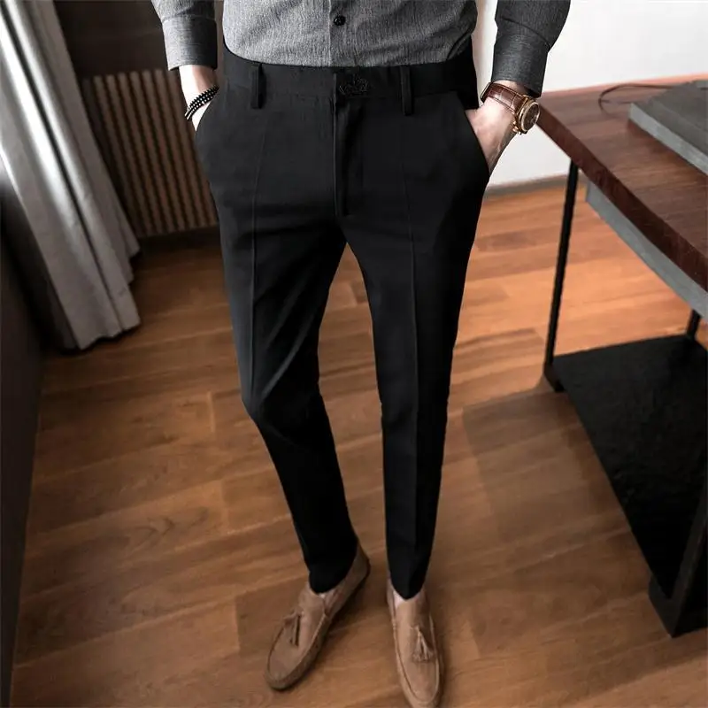 2023 Spring and Autumn Men\'s Solid Color Slim Fit Button Zipper Bright Line Decoration Casual Fashion Elegant Commuter Pants