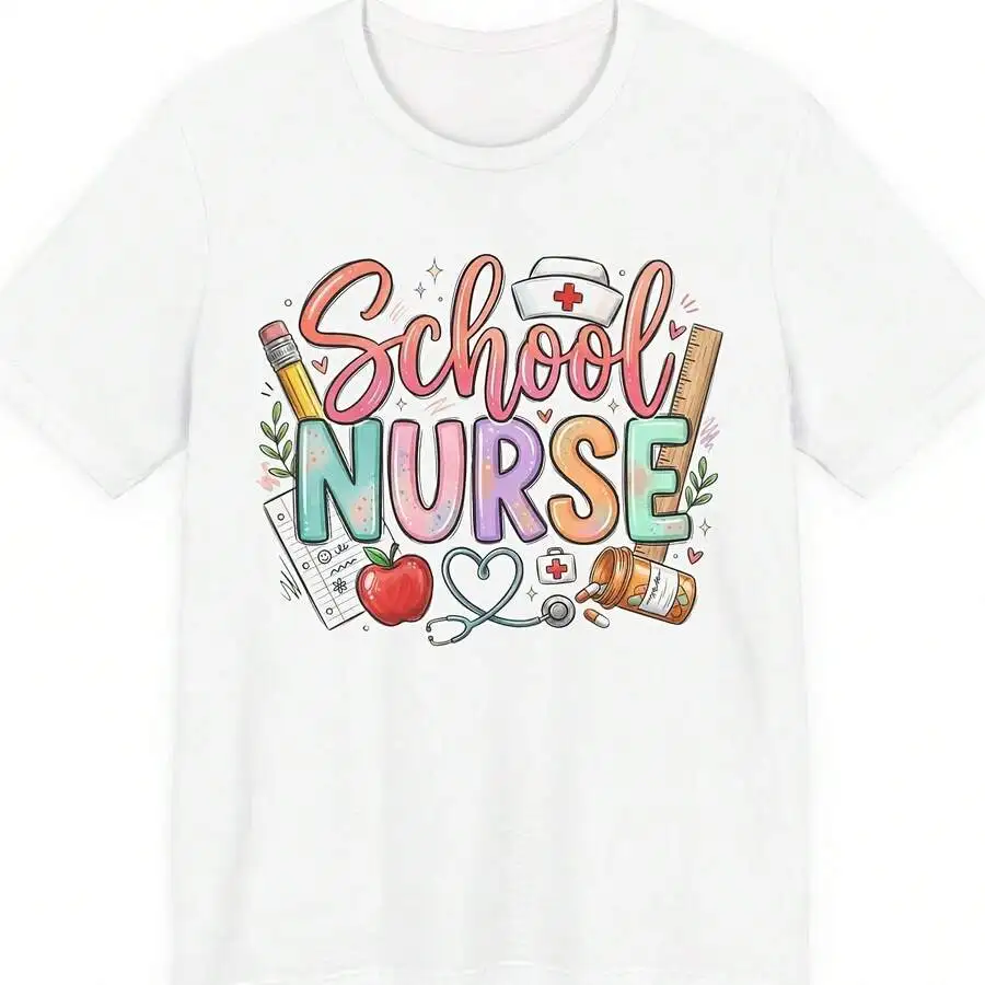 School Nurse Graphic T‑Shirt Nurse Illustration Medical Icons Casual Tee Nice Gift For School Medical Staff Daily Tops