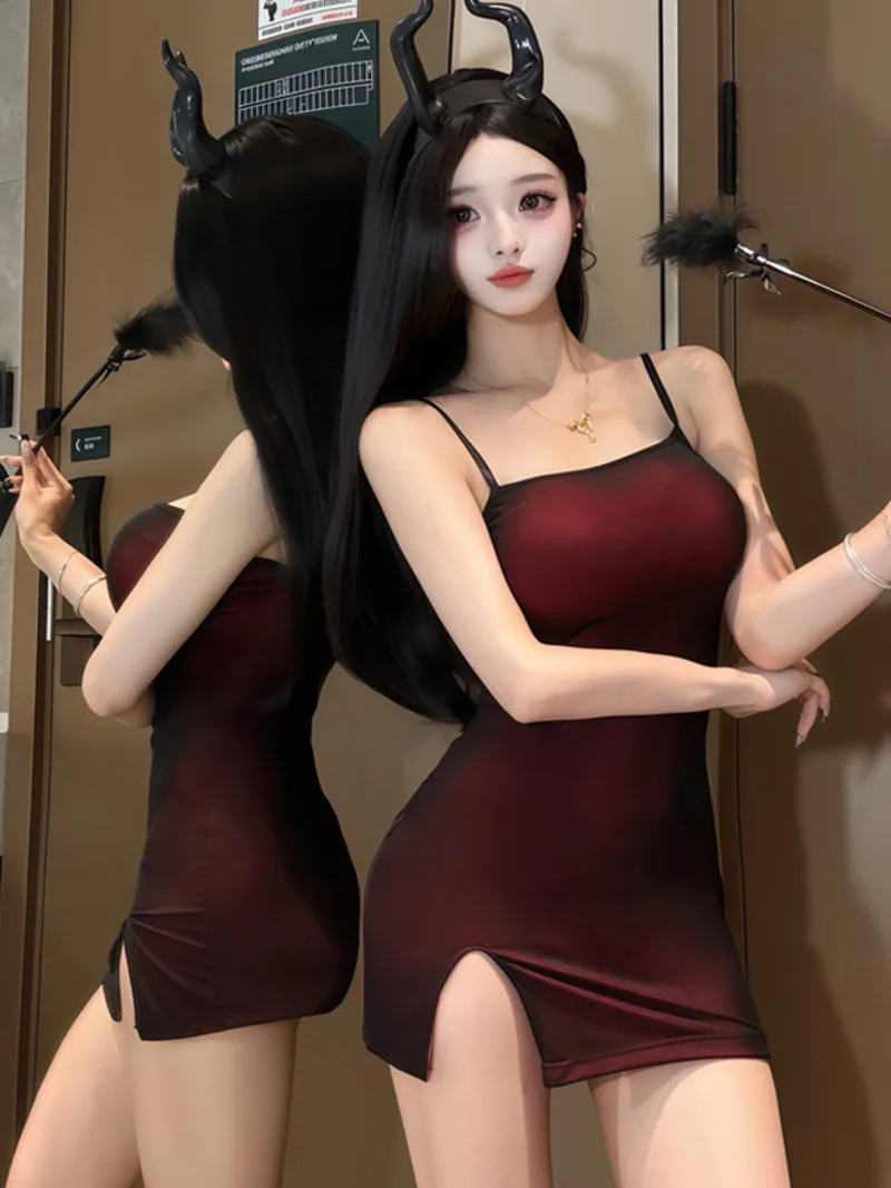 New Sexy Short Backless Deep V Suspenders Sleeveless Mesh Dress Sexy Women Cosplay Sleepwear Dress Nightclub Casaul Elegant X6U7