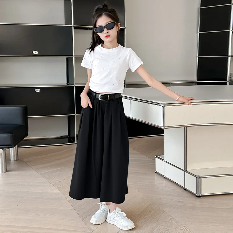 Girls Trousers Culottes 2024 Summer New Children Fashion Loose Pants Big Children Fashion Wide-leg Pants Korean Simple Style