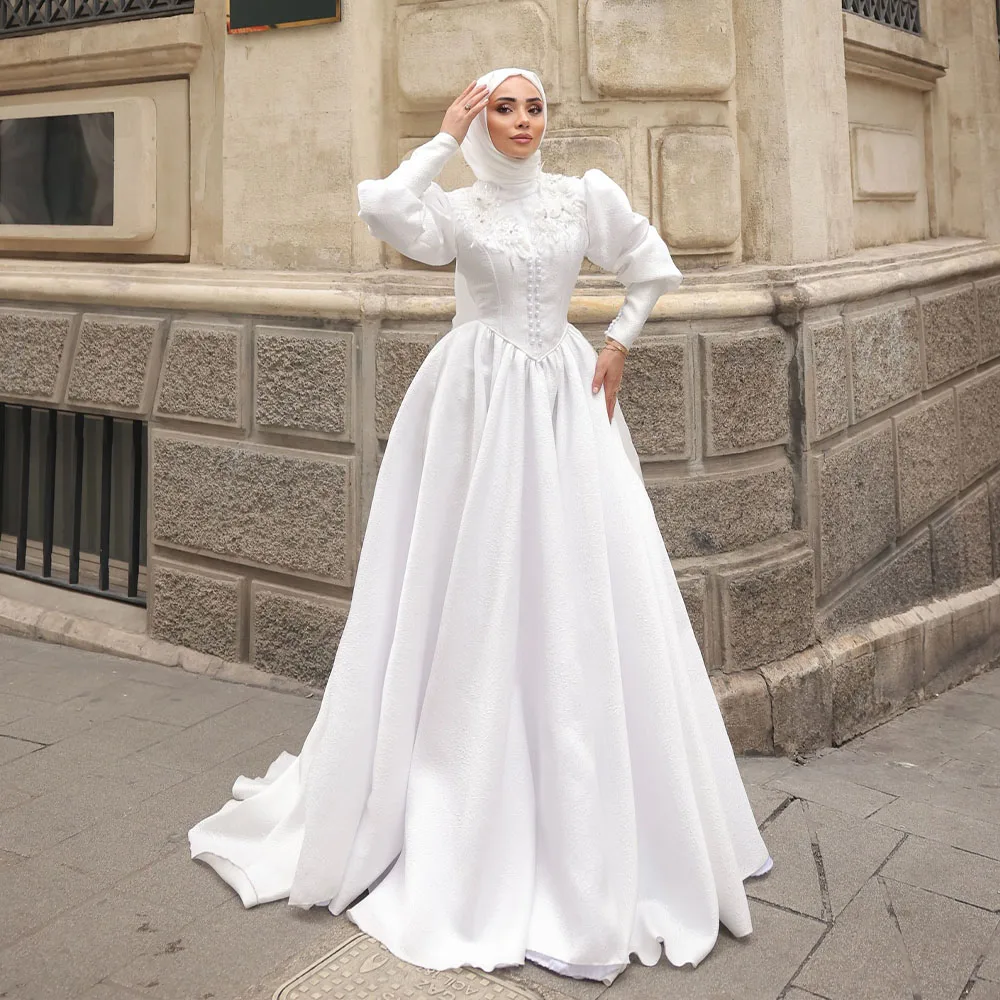 

Modest Muslim Wedding Dresses Hijab High Neck Long Sleeve Civil Bride Dress Jacquard Flowers Islamic Bridal Dress Customized