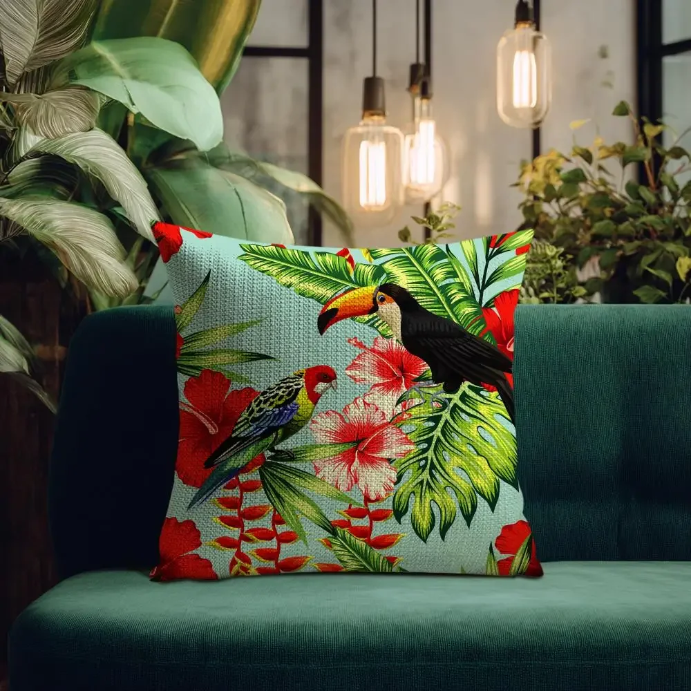 Tropical Parrots Flowers Palm Leaves Cushion Cover Natural Linen Organic Fabric Double-Sided Printing Breathable Perfect  Decor
