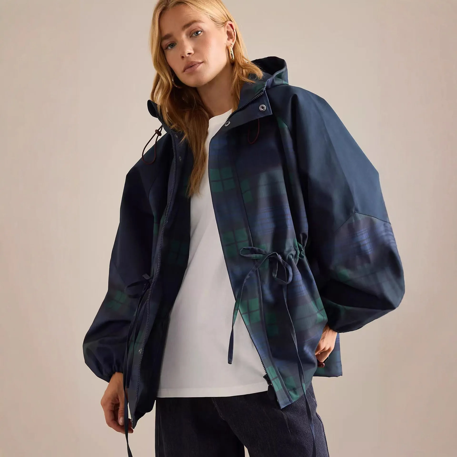 Hooded Windbreaker Ladies Plaid Zip Up Drawstring Waist Long Sleeve Pocket Navy Cropped Loose Cozy Soft Chic Fall Windbreaker