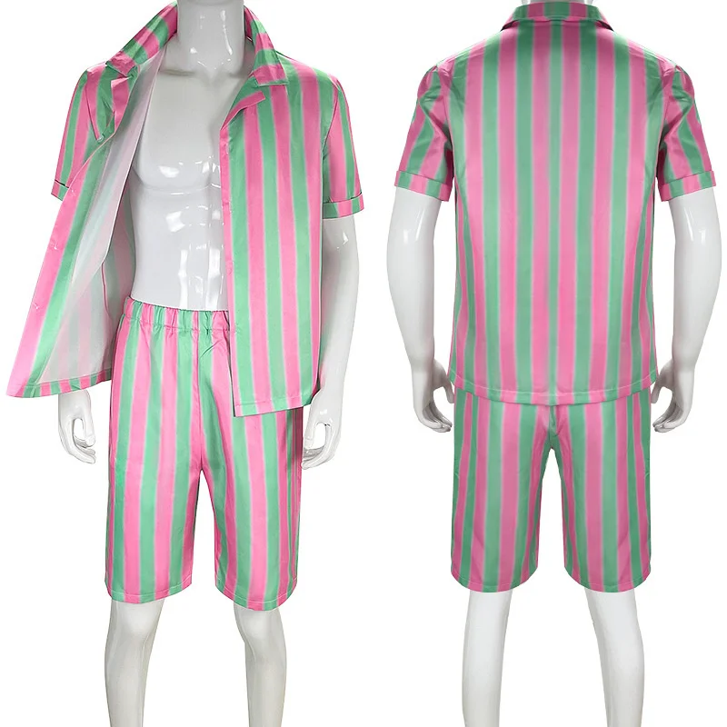 

Men Summer Short Sleeve Suit Ken Ryan Gosling Cosplay Stripe Shirt Coat Pants Outfit Halloween Uniform Party Outfit Carnival